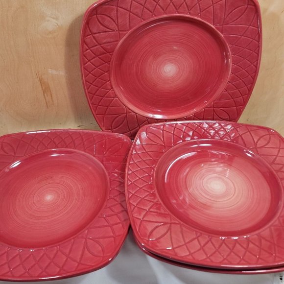 4 Pfaltzgraff Paradise Flame Square Dinner Plates 11.5" embossed stoneware - Picture 6 of 8